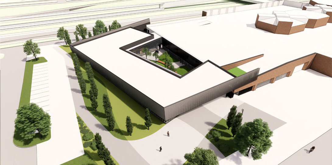 Rendering with an aerial view of the new Innovation Center building.
