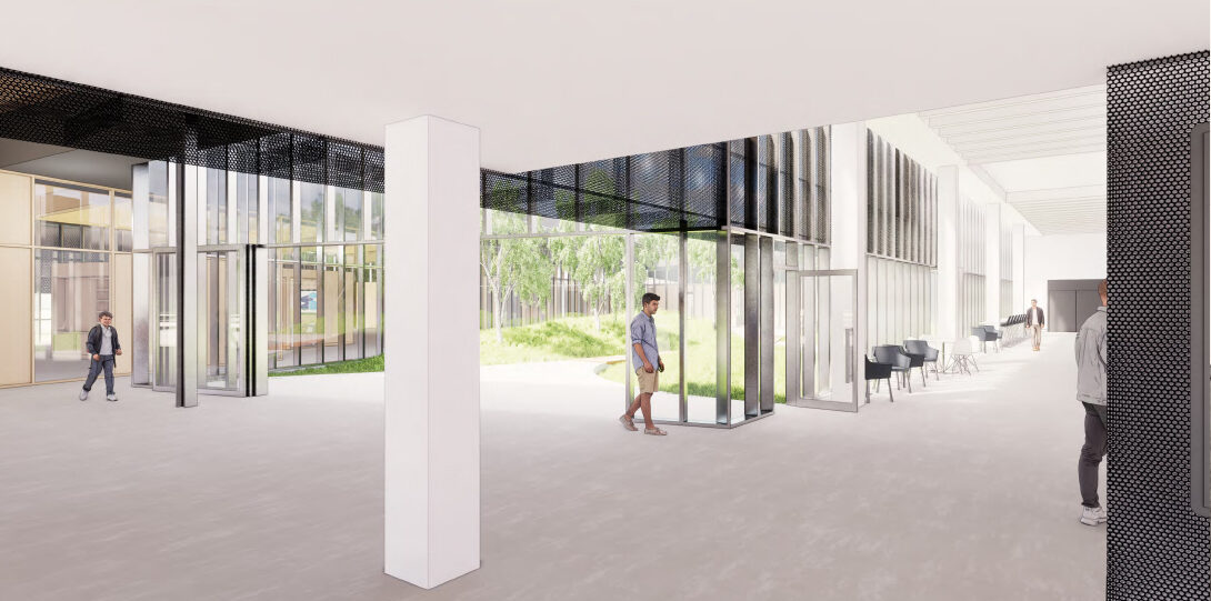 A rendering of the inside of the new Innovation Center building with a view into the courtyard.
